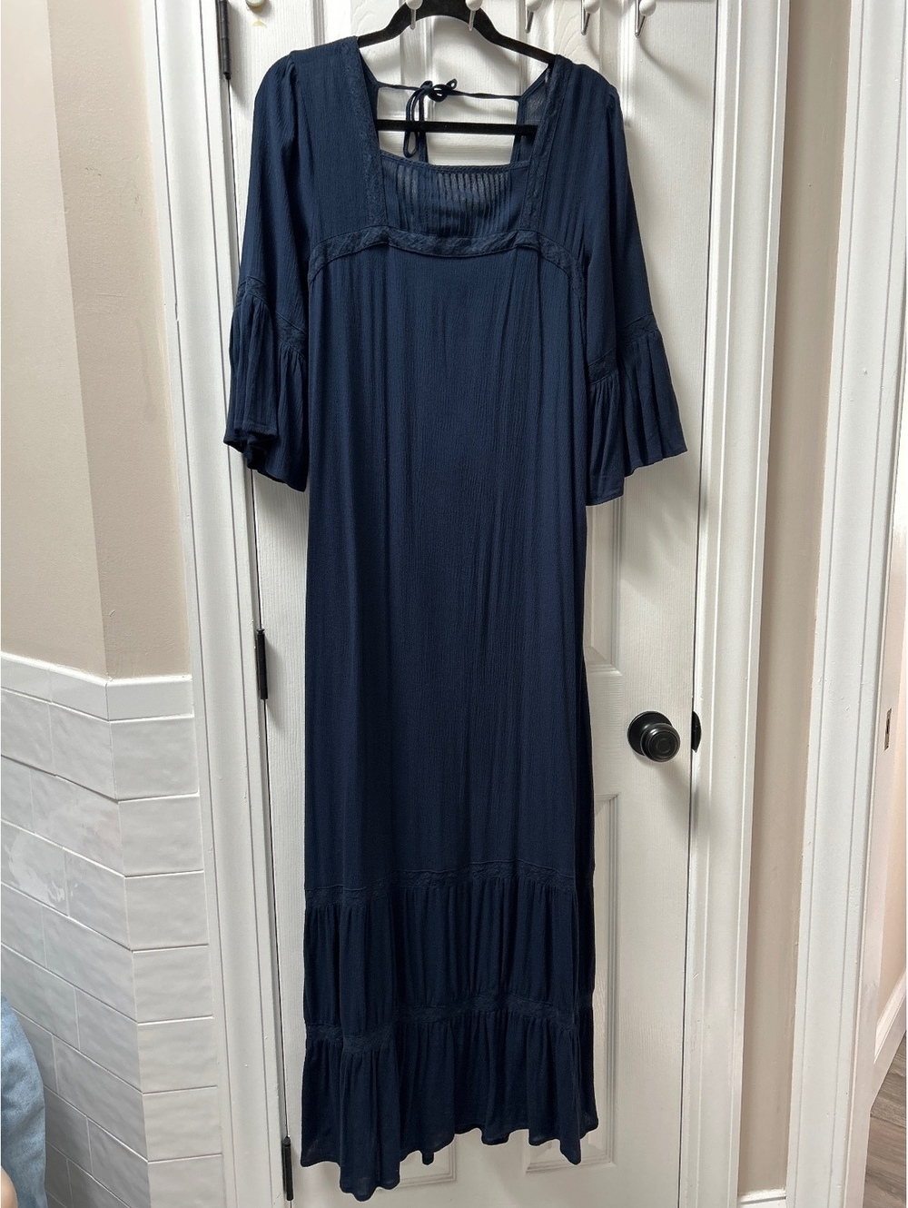 GIGIO USA Women's Navy Blue Boho Maxi Dress with Bell Sleeve